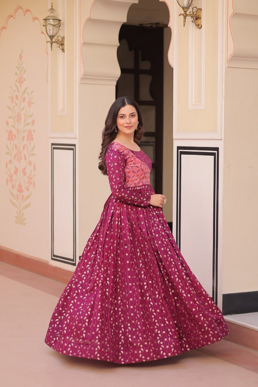 Women's Festive Berry Purple Printed Anarkali Gown with Intricate Zari Work & Embellished Yoke – Perfect for Traditional & Celebration Wear - Image 7